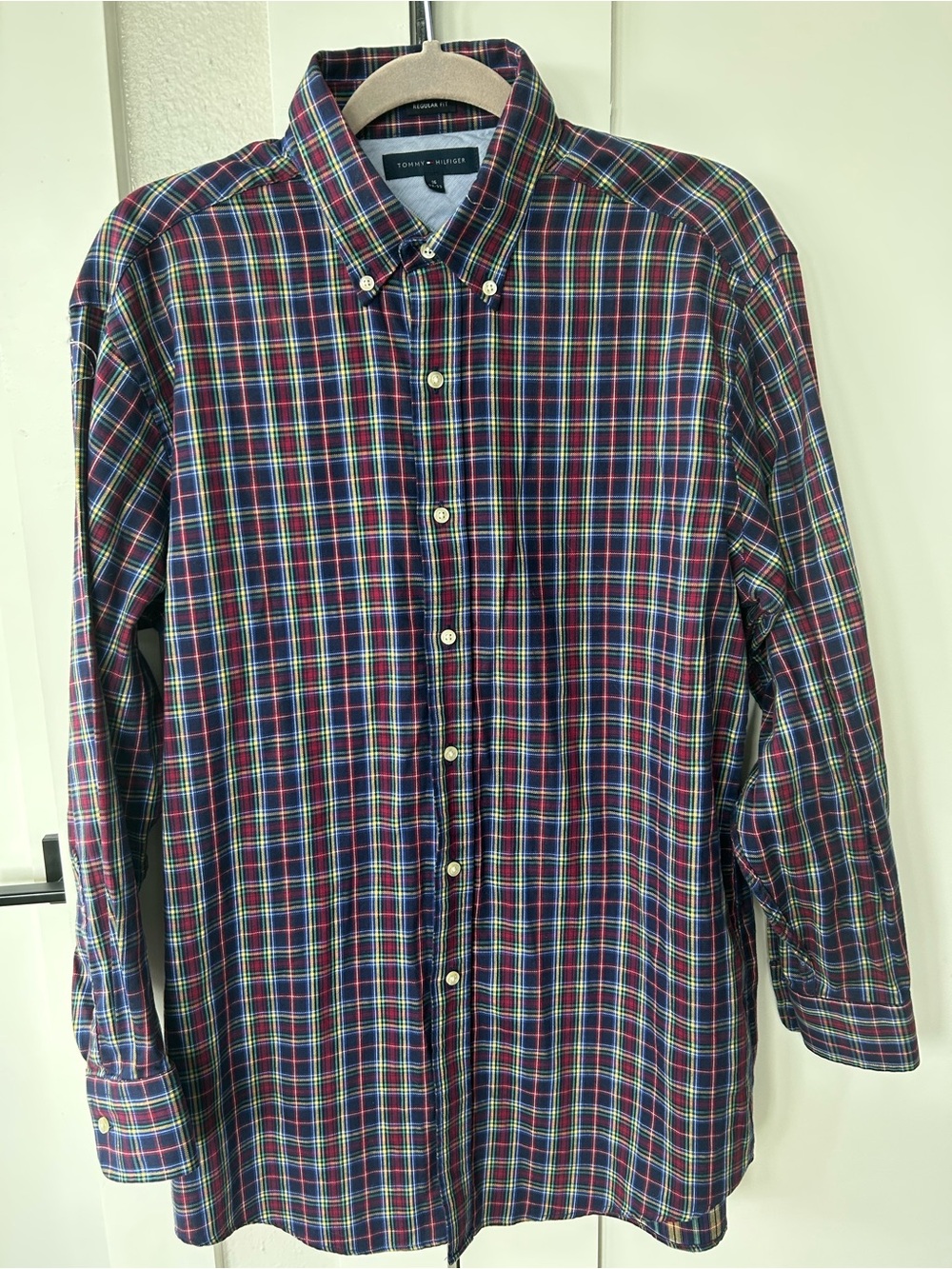 Tommy Hilfiger Navy Red Plaid Button-Down 100% Cotton Mens Shirt Size 16 32/33